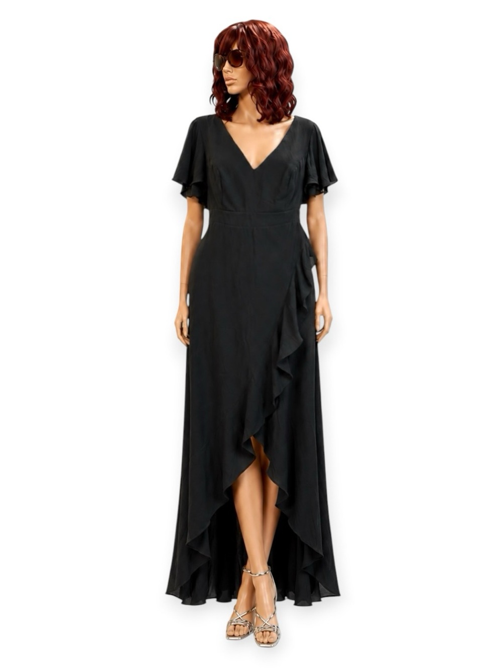 Ever Pretty Black V-Neck Ruffle Wrap Dress Flutter Sleeves Dark Romantic